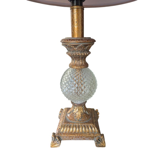 Plastic Hollywood Regency Gilded Gold and Faux Crystal Lamps With Pink Lampshades- A Pair For Sale - Image 7 of 18