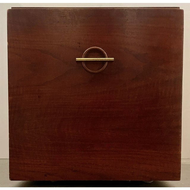 Wood Midcentury Modern Cube Side Table on Casters With Brass Accents For Sale - Image 7 of 9