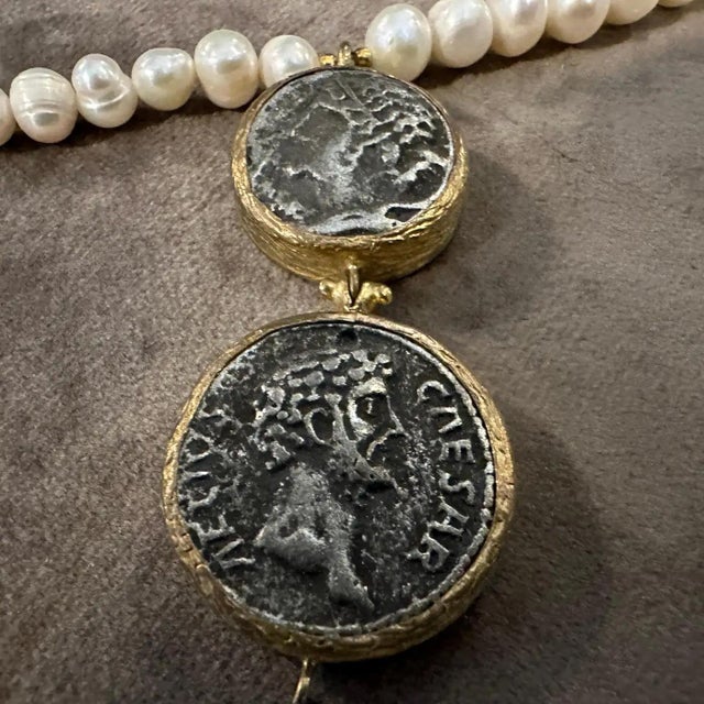 1980s Bulgari Style River Pearls and Brass Roman Coins Pendant Necklace For Sale - Image 6 of 9