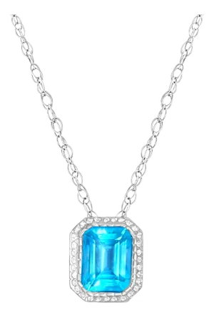 Emerald Cut Blue Topaz Diamond Halo Necklace 16".64cttw 14k White Gold 16"