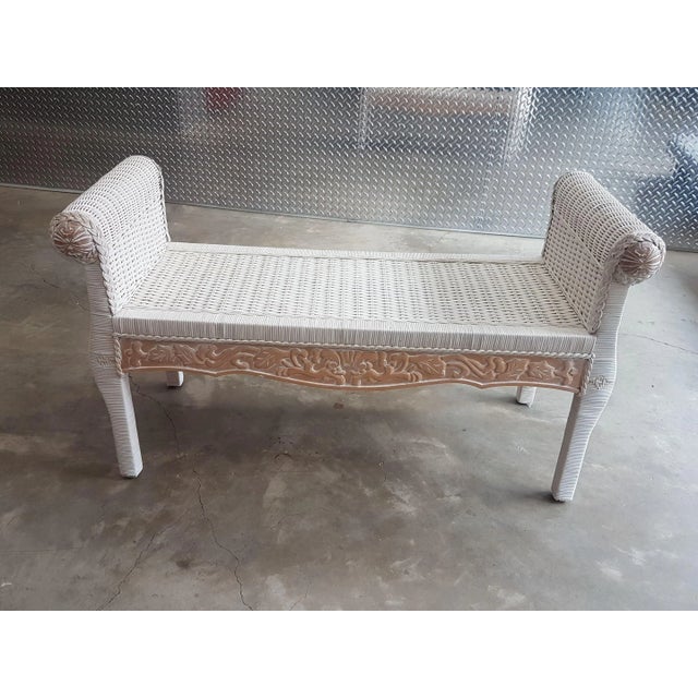 Late 20th Century Late 20th Century Vintage White Wash Wicker and Carved Wood Bench For Sale - Image 5 of 8