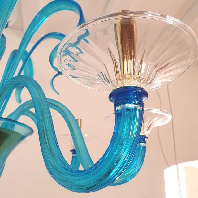 1980s Venini Style Blue Murano Glass Neoclassical Chandelier For Sale - Image 9 of 12