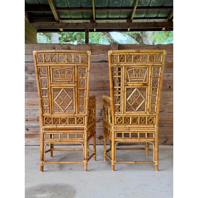 Contemporary Pair Vintage Brighton Pavilion Style High-Back Fretwork Bamboo Rattan Armchairs For Sale - Image 3 of 12
