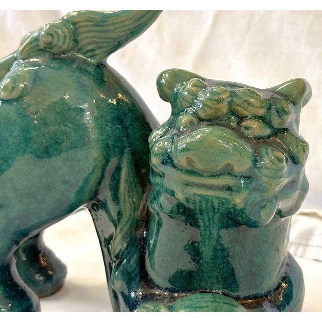 Boho Chic Vintage Turquoise Glazed Ceramic Yang Foo Dog For Sale - Image 3 of 12