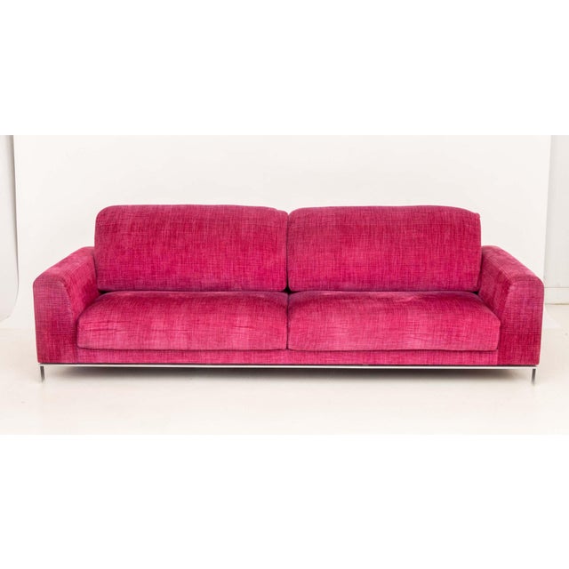 Modern Magenta Pink Chenille Upholstered Sofa, one chrome base. 32" H x 99" W x 39" D; seat: 16" H. Provenance: From a...