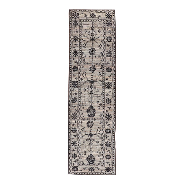 Modern Hand-Knotted Rug in Wool With Sub-Geometric Oushak Design in Earthy Tones 3'6 X 13'6 For Sale