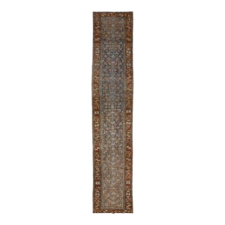 19th Century Antique Malayer Wool Runner Rug With Slate Blue Field & Rust Border For Sale
