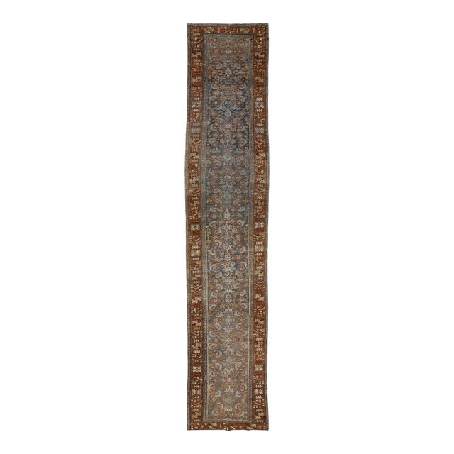 19th Century Antique Malayer Wool Runner Rug With Slate Blue Field & Rust Border For Sale