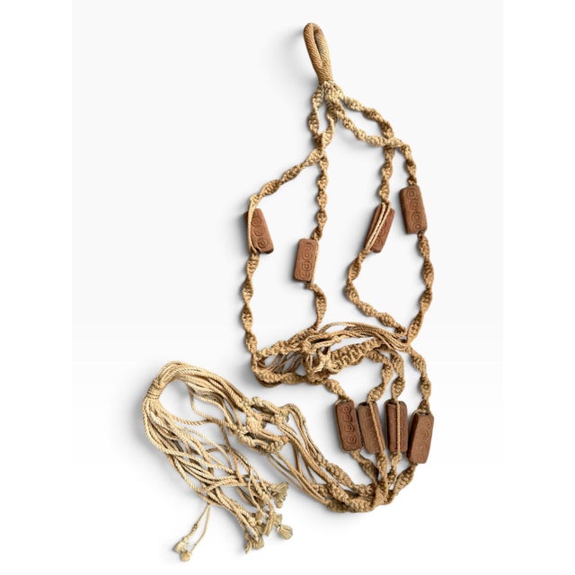 Mid-Century Modern Vintage Tan Macramé Plant Hanger With Terracotta Clay Beads For Sale - Image 3 of 4