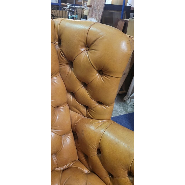Vintage 1950s Leather Tufted Chippendale Wing Chair For Sale - Image 13 of 14