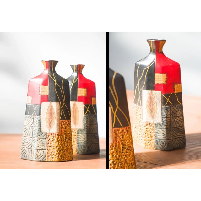 Ceramic Terracotta Vases with Geometric and Textured Design, 1990s, Set of 2 For Sale - Image 7 of 10
