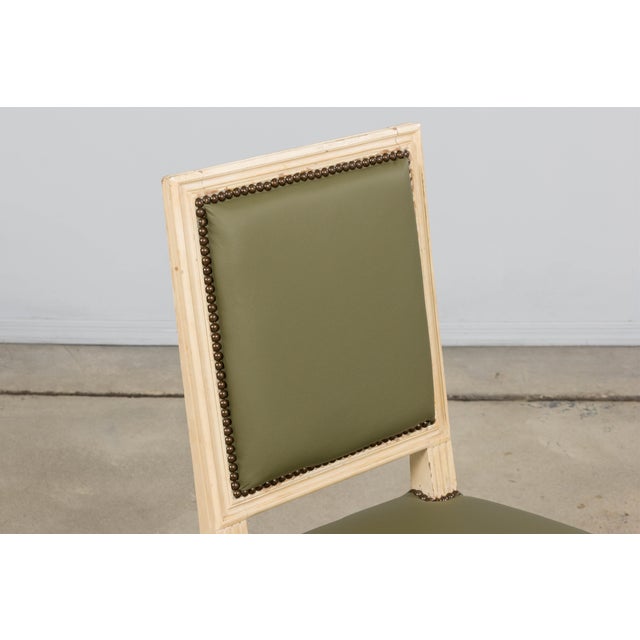 Antique French Louis XVI Style Painted Dining Chairs in Olive Green Leather - Set of 8 For Sale - Image 9 of 18