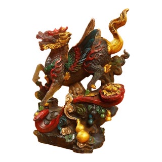 Vintage Chinese Colored Glaze Qilin Statue | Mythical Beast Auspicious Ornament For Sale