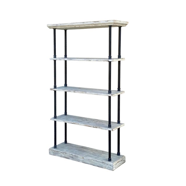 This is a simple style bookcase display cabinet with iron metal bars frame wash white color rustic wood shelves. It can be...