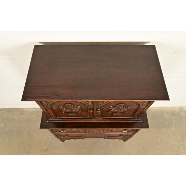 Berkey & Gay Style Antique English Jacobean Carved Walnut Highboy Dresser, Circa 1920s For Sale - Image 13 of 16