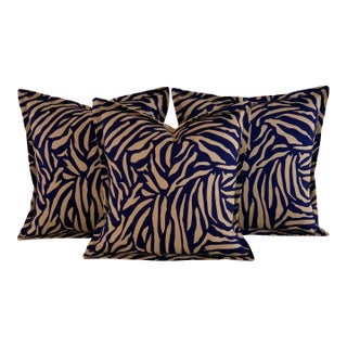 Designer Vicki Payne Free Spirit Navy Blue & Taupe Brown Zebra Animal Print Pillow Covers- 3 Pieces For Sale