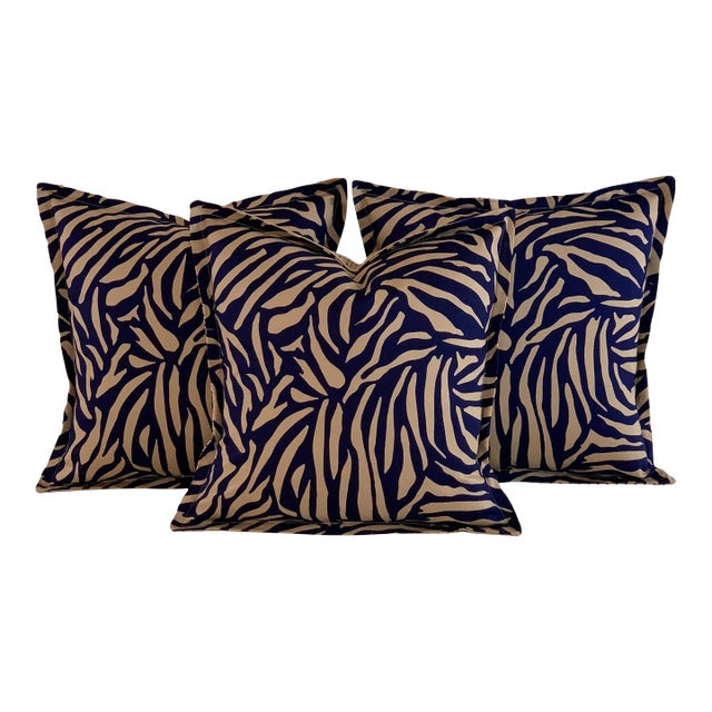 Designer Vicki Payne Free Spirit Navy Blue & Taupe Brown Zebra Animal Print Pillow Covers- 3 Pieces For Sale