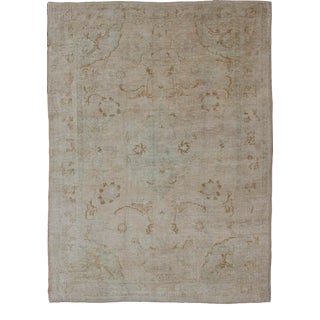 Cream Background Mid Century Vintage Oushak Rug From Turkey With Floral Design For Sale