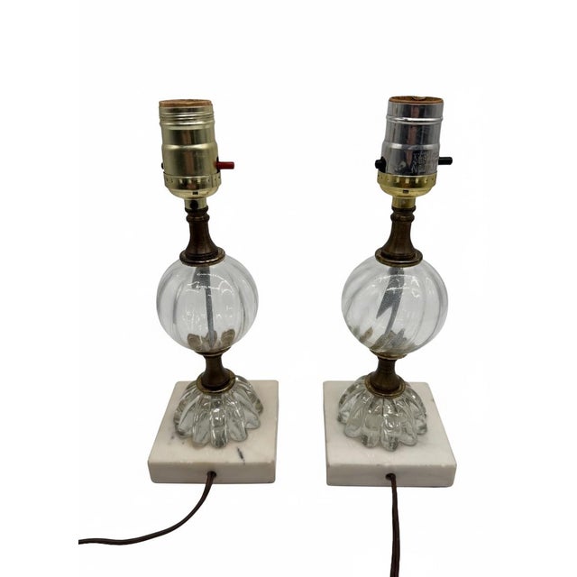 Petite Vintage Mid-Century Modern Glass & Marble Table Lamps – Pair For Sale - Image 4 of 5