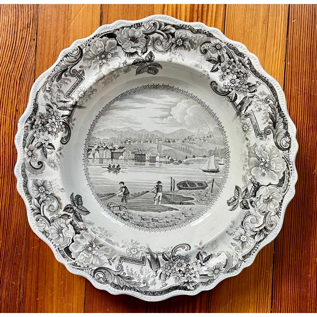 Antique 19th Century English Staffordshire Clews Historical Brown Transferware Soup Plate Picturesque Views Hudson, New York & Hudson River For Sale - Image 9 of 12