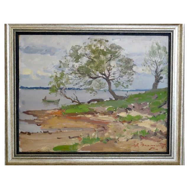 Alfejs Bromults, Daugava River, 1950, Oil on Cardboard For Sale
