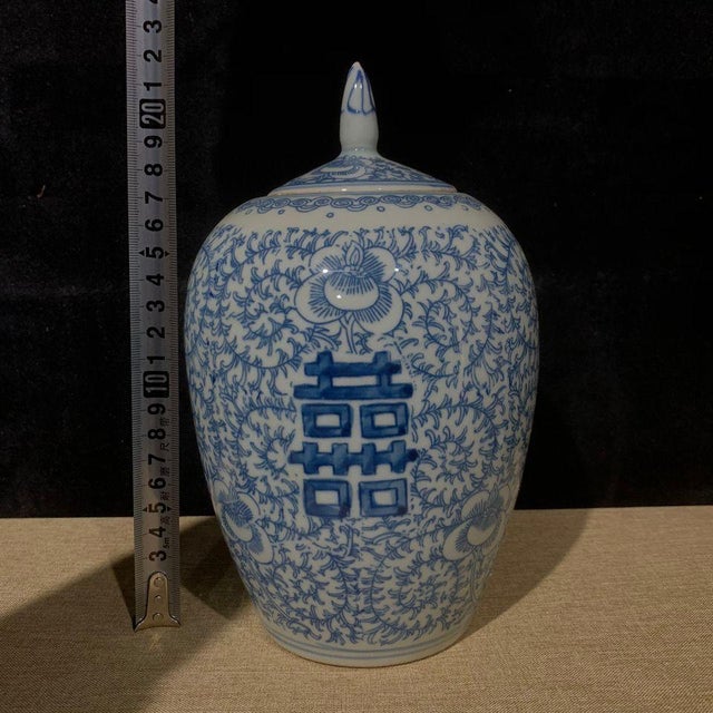 1960s Blue & White Porcelain Double Happiness Ginger Jar With Lid For Sale - Image 5 of 6