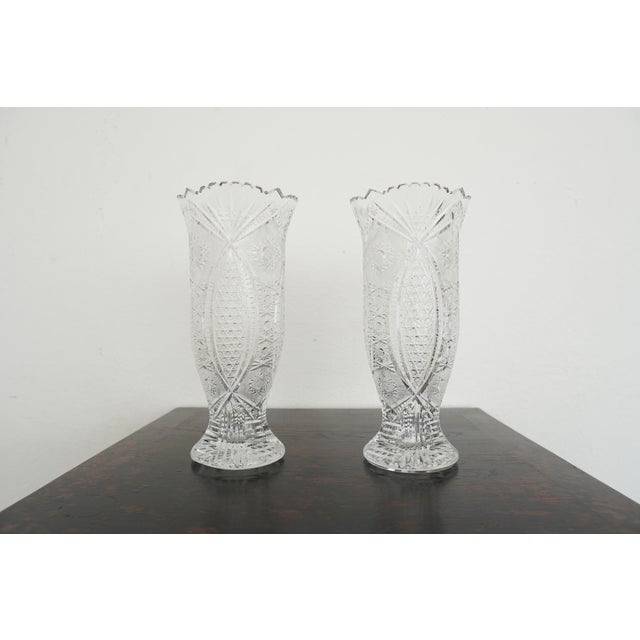 Antique American Brilliant Period Cut Crystal Pedestal Vases (Set of 2) For Sale - Image 12 of 14