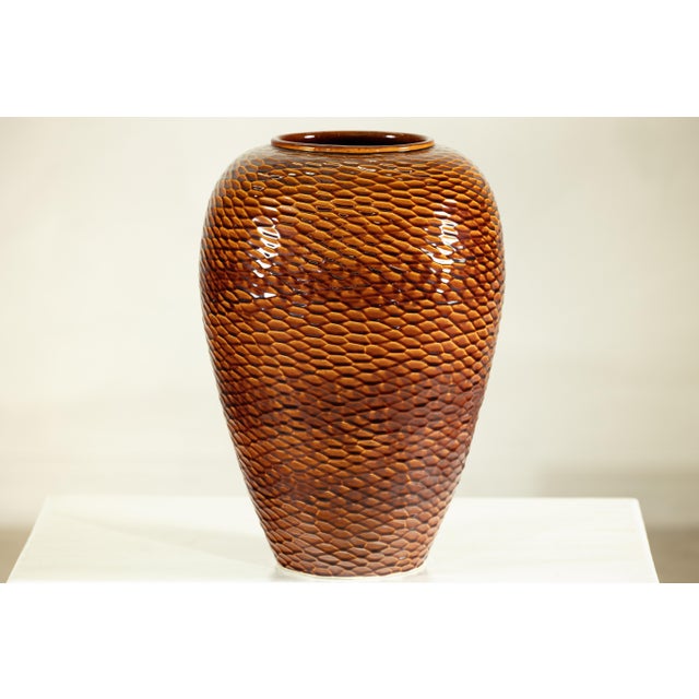 Contemporary Artisan Large Honeycomb-Textured Ceramic Vase in Warm Amber Glaze For Sale - Image 3 of 18