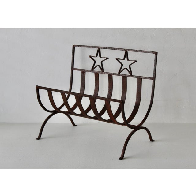 Rustic Western Style Wrought Iron Fireplace Log Holder Open Stars Cutouts Detail Vintage For Sale - Image 4 of 13
