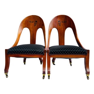 Regency Spoon Back Slipper Chairs, Michael Taylor for Baker Attributed a Pair. Spoon Back, Mahogany Wood, Brass Casters For Sale