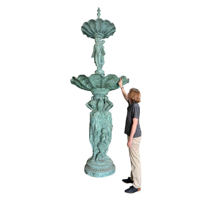 Neoclassical Monumental Classical Tiered Fountain With Shell Basins – Verdigris Patina – 11 Ft Tall For Sale - Image 3 of 11