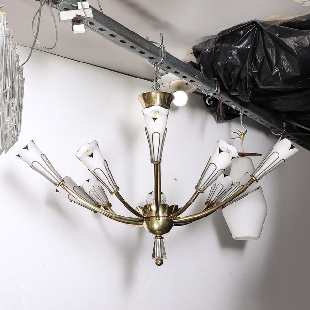 Mid-Century Tulip Form Chandelier in Brass & Frosted Glass W/ Enamel Detailing For Sale - Image 11 of 11