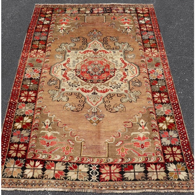 Vintage Turkish Oushak Floral Medallion Design in Camel, Black, Red, Gray & Tan For Sale In Atlanta - Image 6 of 14