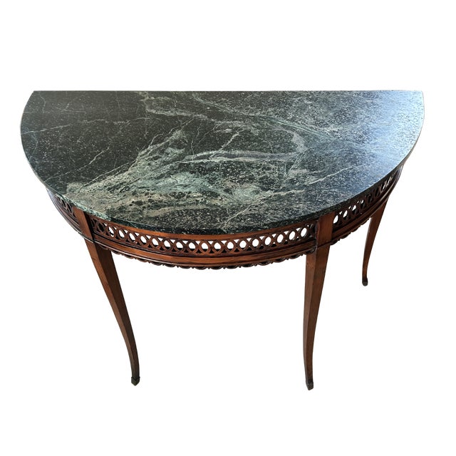 Wood Massive Antique Demilune Mahogany Console Table With Green Marble Top – Louis XVI Neoclassical / George III Style Entryway Fretwork Accent Table For Sale - Image 7 of 12