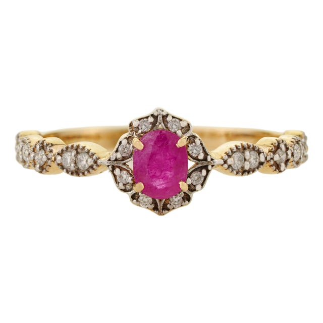 Oval Cut Ruby & Diamond Floral Halo Vintage Ring Size 9 in 14k Yellow Gold For Sale