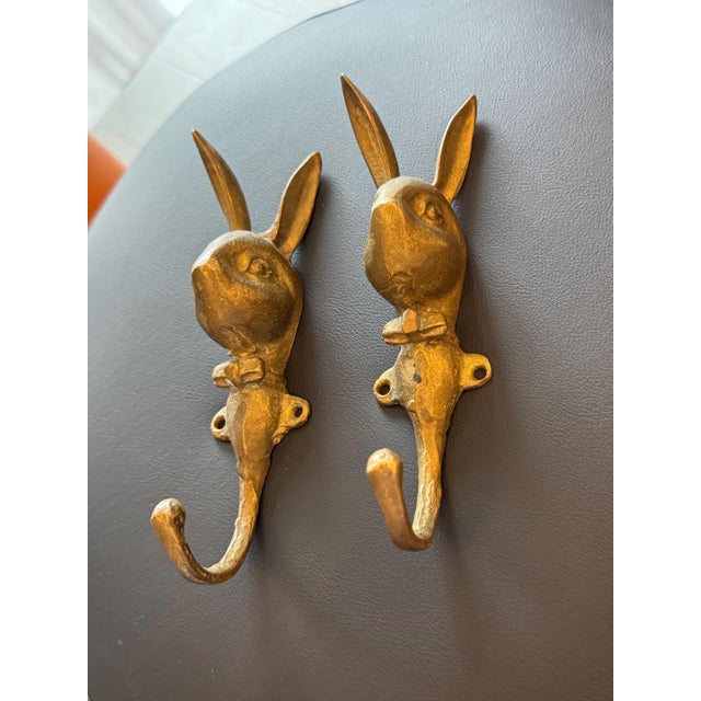 Pair of Fun Vintage Slightly Patinated Brass Mr. Rabbit Playboy Style Bunny Coat Hooks 6.75"x 2" For Sale In Philadelphia - Image 6 of 9