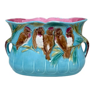 Majolica Aqua Parakeets Jardinière Sarreguemines, Circa 1880 For Sale