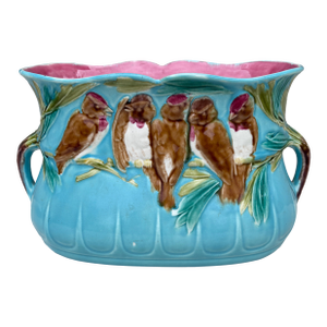 Majolica Aqua Parakeets Jardinière Sarreguemines, Circa 1880
