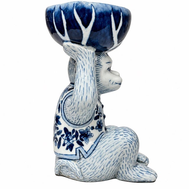 Late 20th Century Vintage Blue White Floral Chinoiserie Monkey Bowl For Sale - Image 5 of 7
