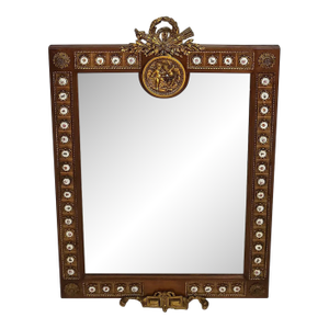 1950s Large 46 French Louis Style Brass Ormolu and Porcelain Plaque Wall Mirror