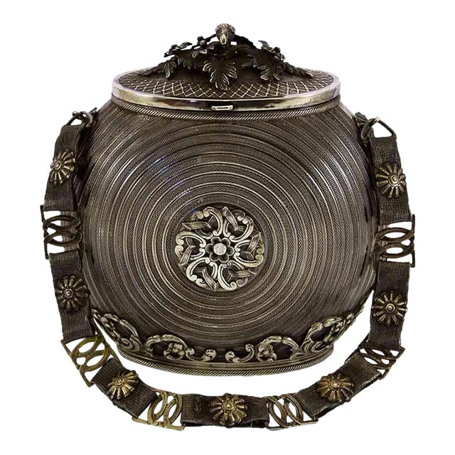 1890 XIX Century Turkish Sterling Silver Gourde Chased in a Circular Guilloché With Chased Scrollwork For Sale