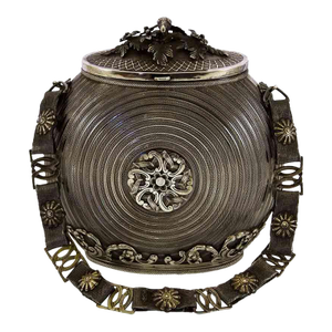 1890 XIX Century Turkish Sterling Silver Gourde Chased in a Circular Guilloché With Chased Scrollwork