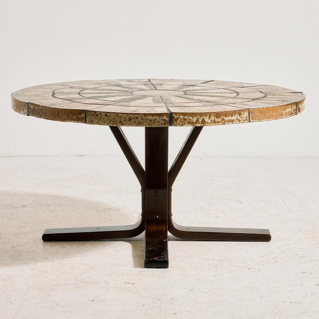 Beech coffee table with glazed stone top from the 1970s. The surface of the table has scratches, stains and wear with some...