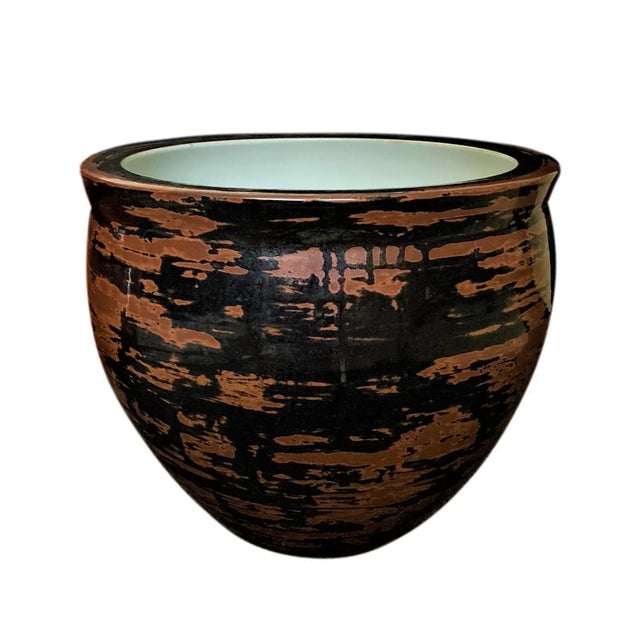 1970s Large Russet-Splashed Black Glaze Fish Bowl Planter For Sale - Image 4 of 6