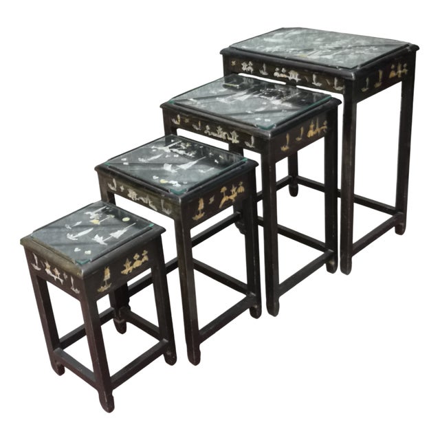 Asian Black Wood Nesting Tables, Set of 4 For Sale