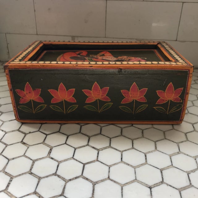 Hand-Painted Indian Sitar Player on Wood Box For Sale - Image 5 of 11