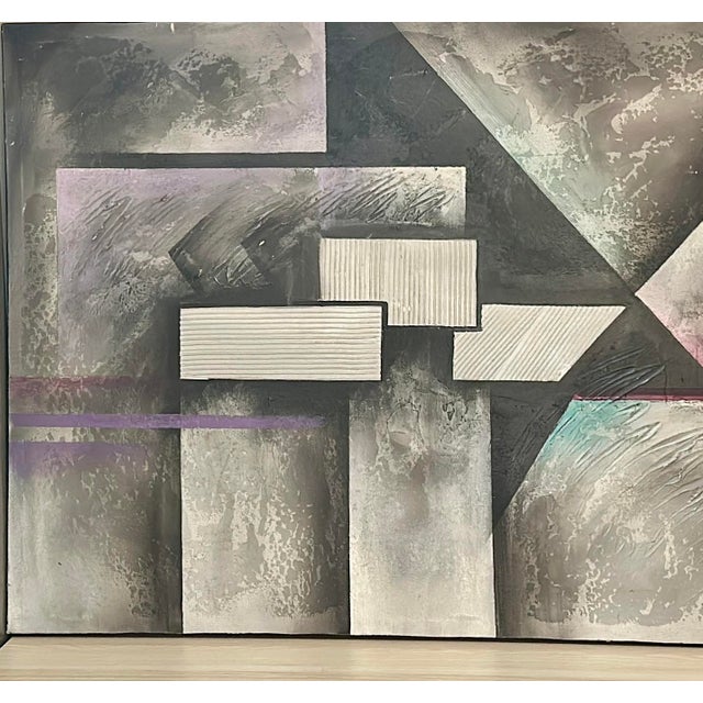 Abstract Large 1980s Robert Marx Abstract Geometric Acrylic Painting on Canvas – Iridescent Texture & Color For Sale - Image 3 of 12