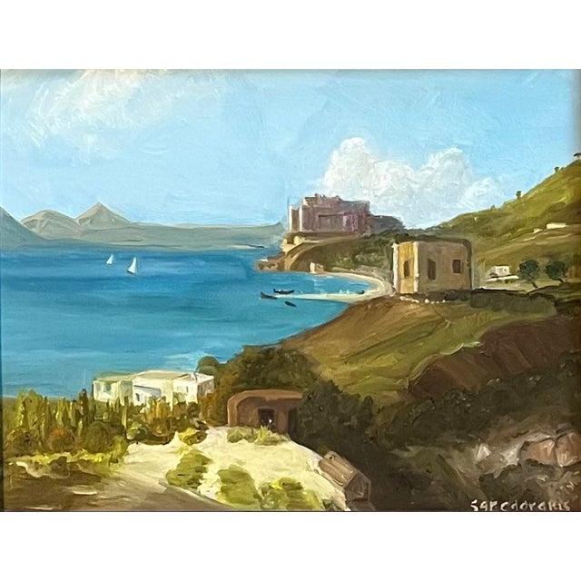 Oil painting on okoume board (similar to mahogany) of a landscape scene with mountains in the background and sailboats...