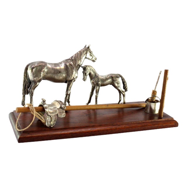 Horse and Foal Set with Saddle, Bucket and Mop in Silver on Varnished Wooden Base For Sale