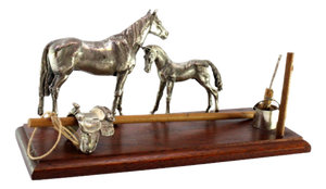 Horse and Foal Set with Saddle, Bucket and Mop in Silver on Varnished Wooden Base